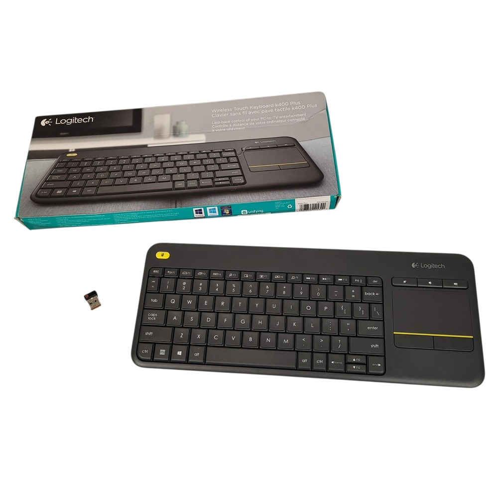 Logitech K400 Plus Wireless Keyboard Touchpad USB Receiver Tested Black w/ Box
